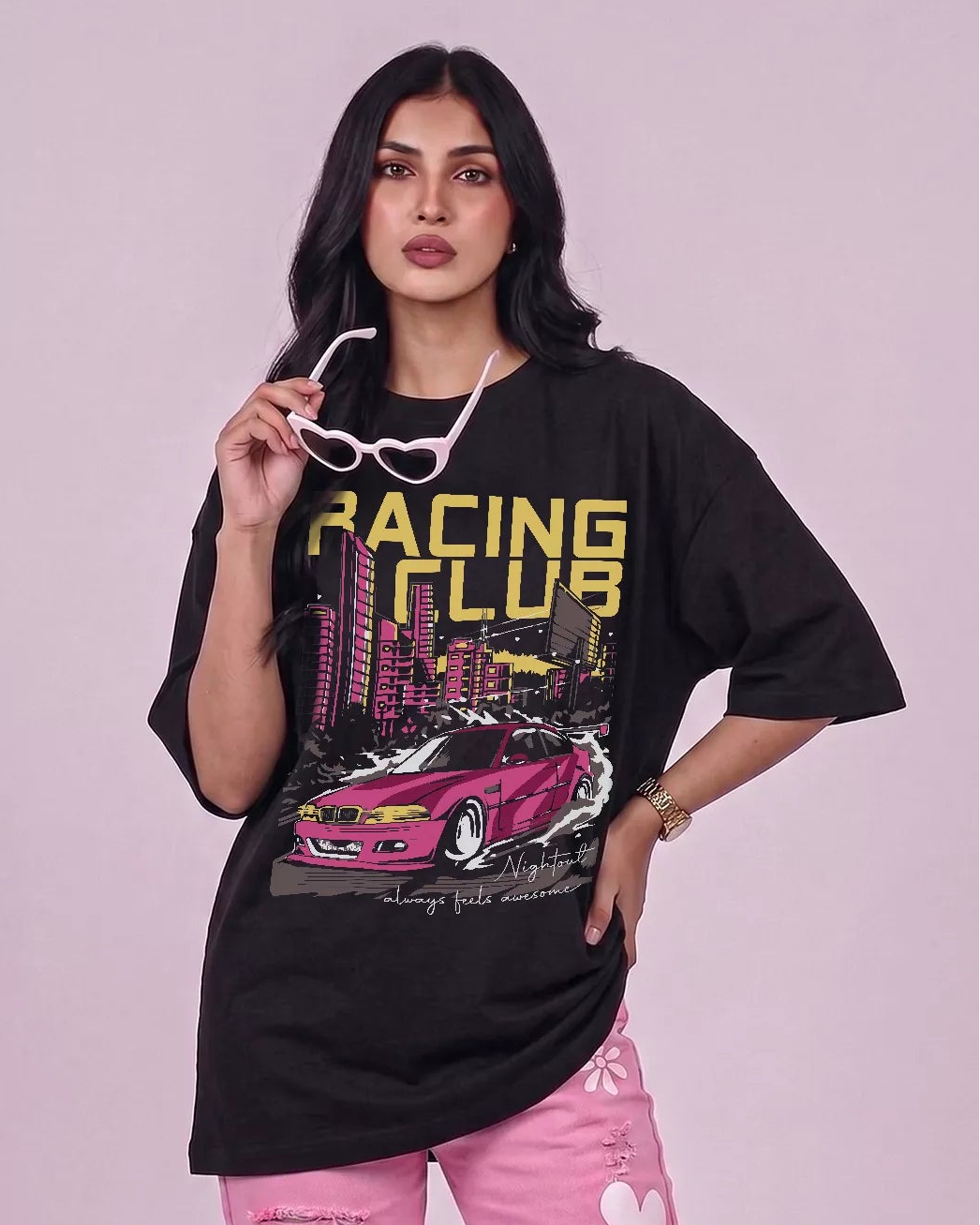 Racing Club Oversized T-Shirt for Women in India | Black Baggy Streetwear Tee