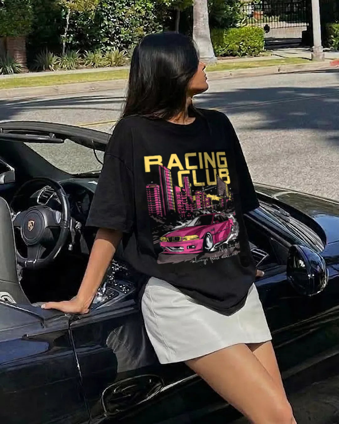 Racing Club Oversized T-Shirt for Women in India | Black Baggy Streetwear Tee