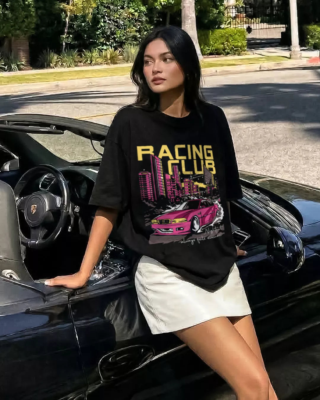 Racing Club Oversized T-Shirt for Women in India | Black Baggy Streetwear Tee