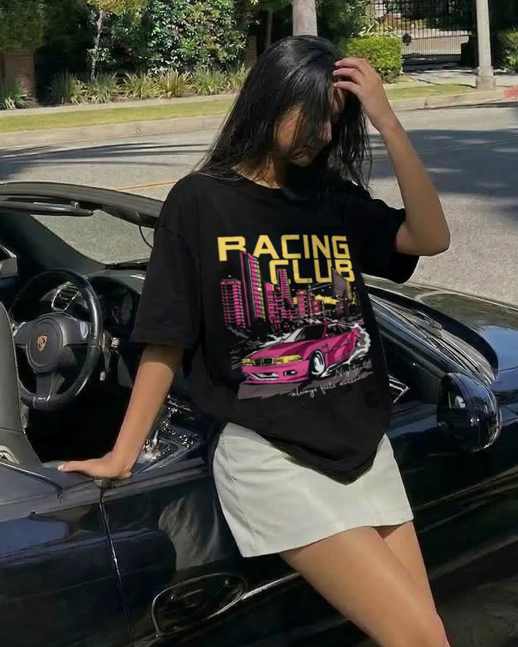 Racing Club Oversized T-Shirt for Women in India | Black Baggy Streetwear Tee