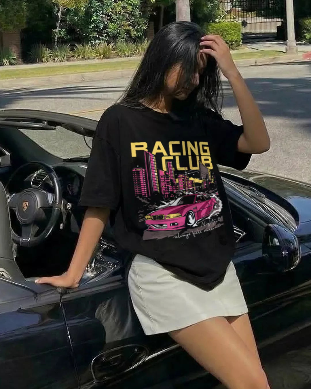 Racing Club Oversized T-Shirt for Women in India | Black Baggy Streetwear Tee