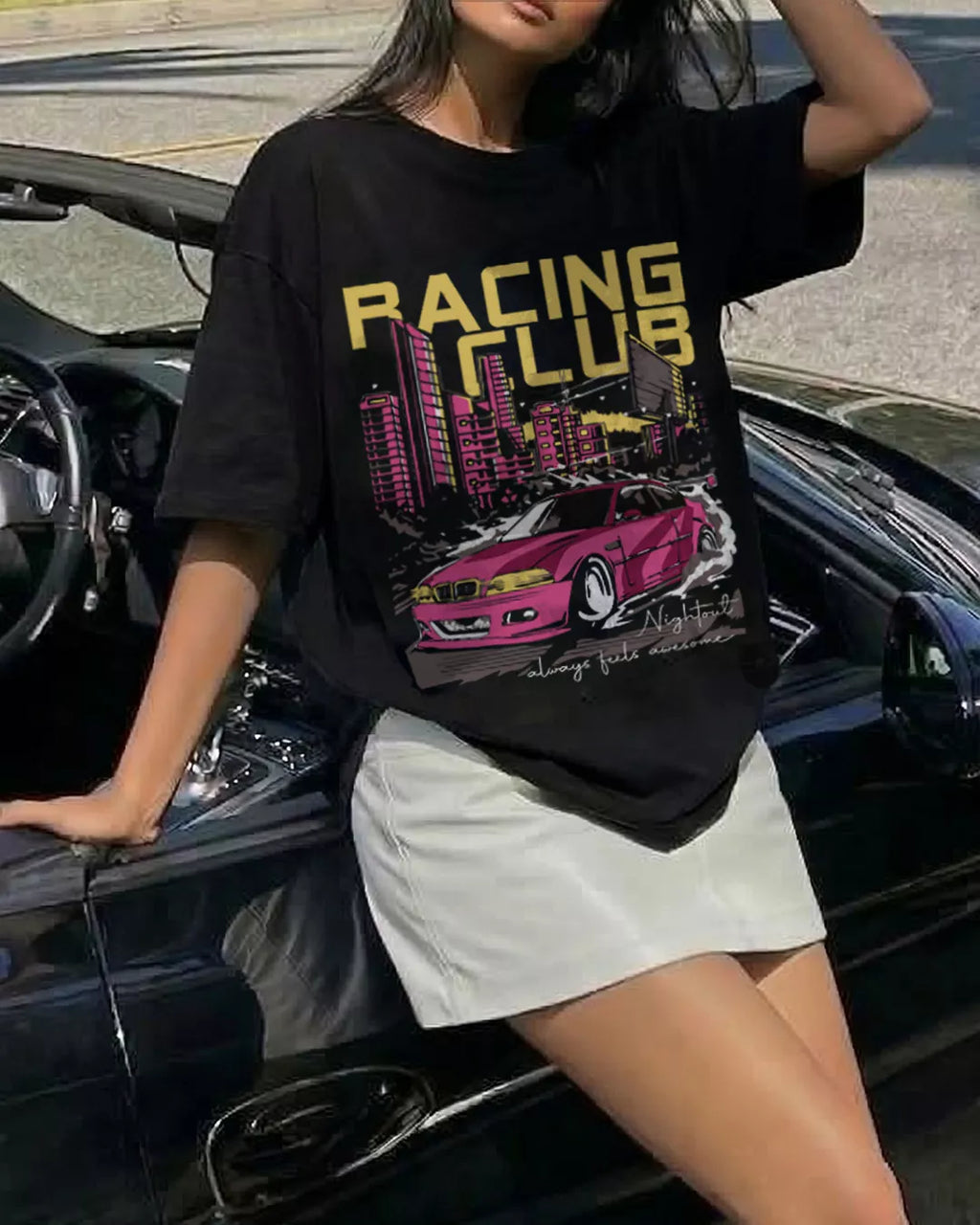 Racing Club Oversized T-Shirt for Women in India | Black Baggy Streetwear Tee