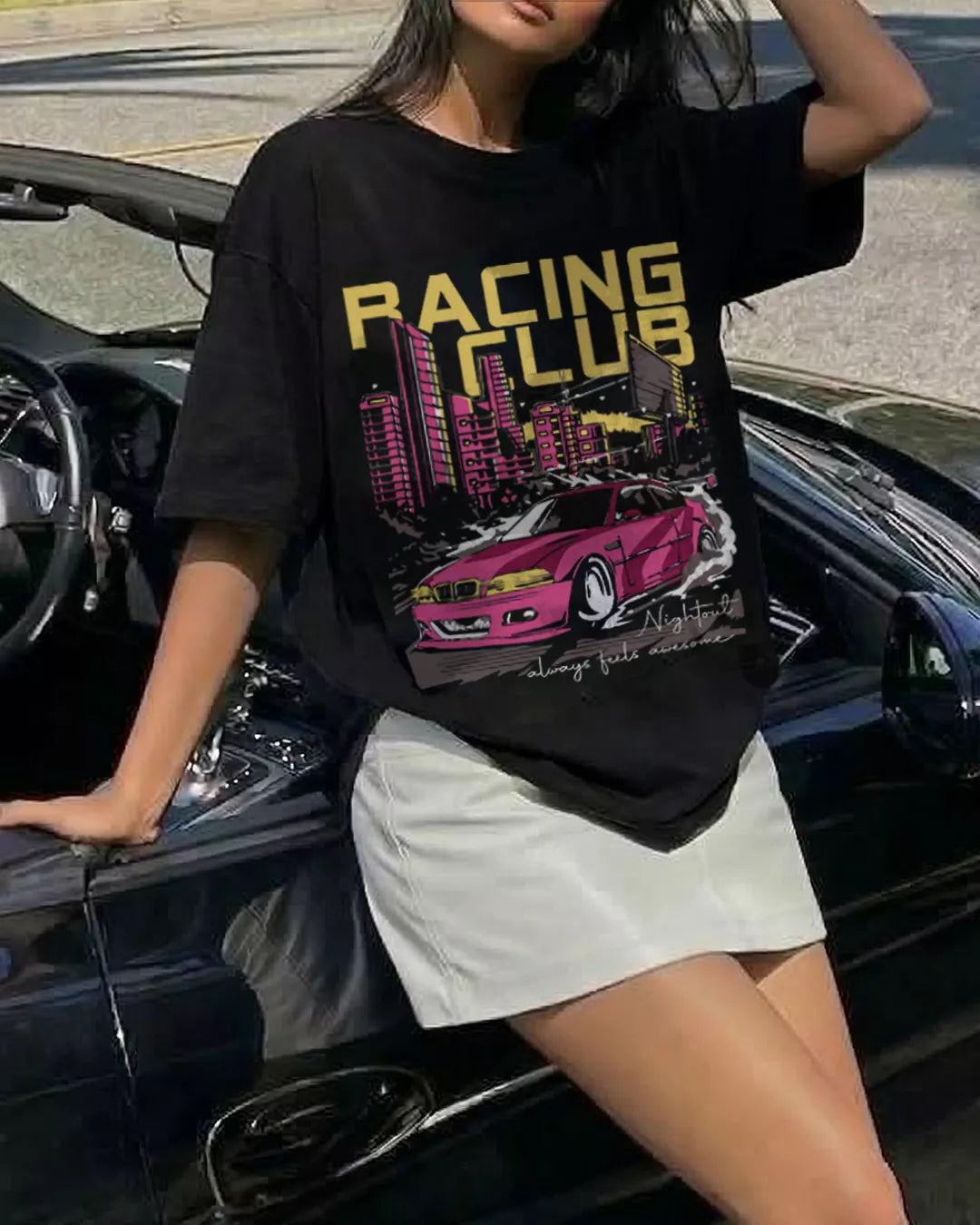 Racing Club Oversized T-Shirt for Women in India | Black Baggy Streetwear Tee